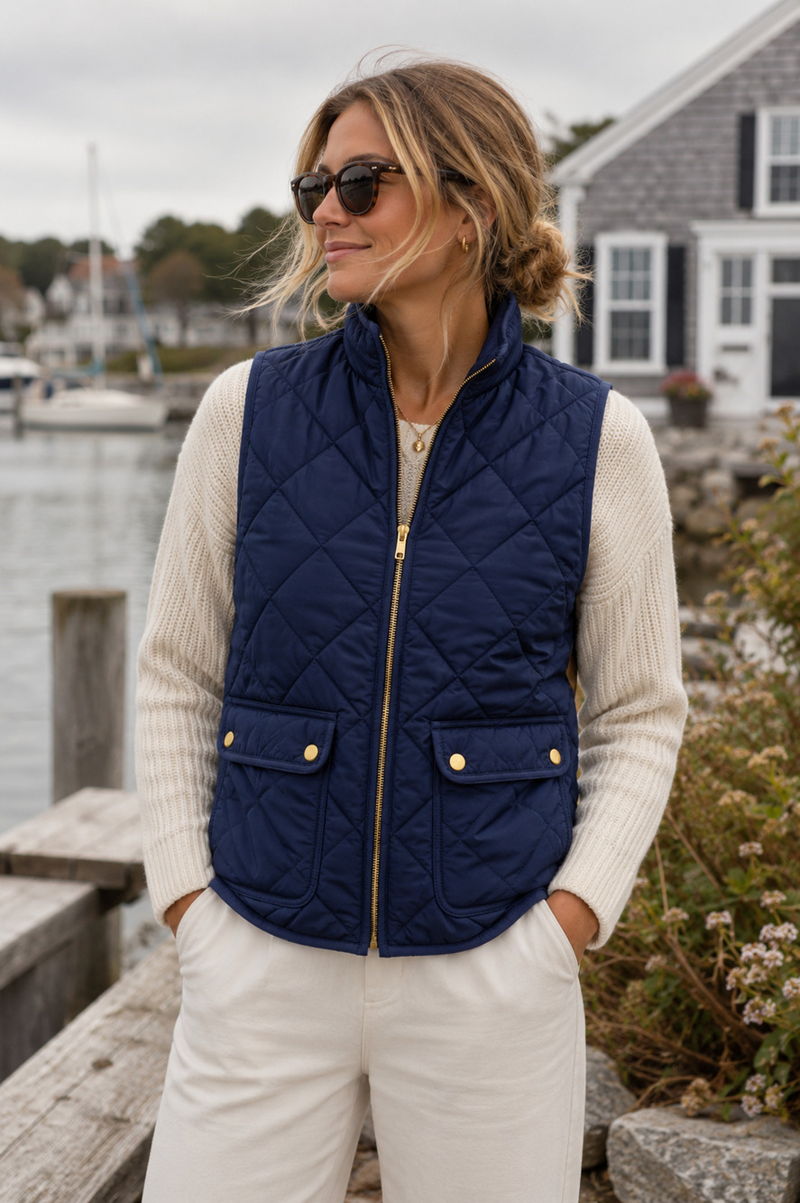 Preppy Nautical Coastal Equestrain J Crew quilted vest jacket Size xl gingham